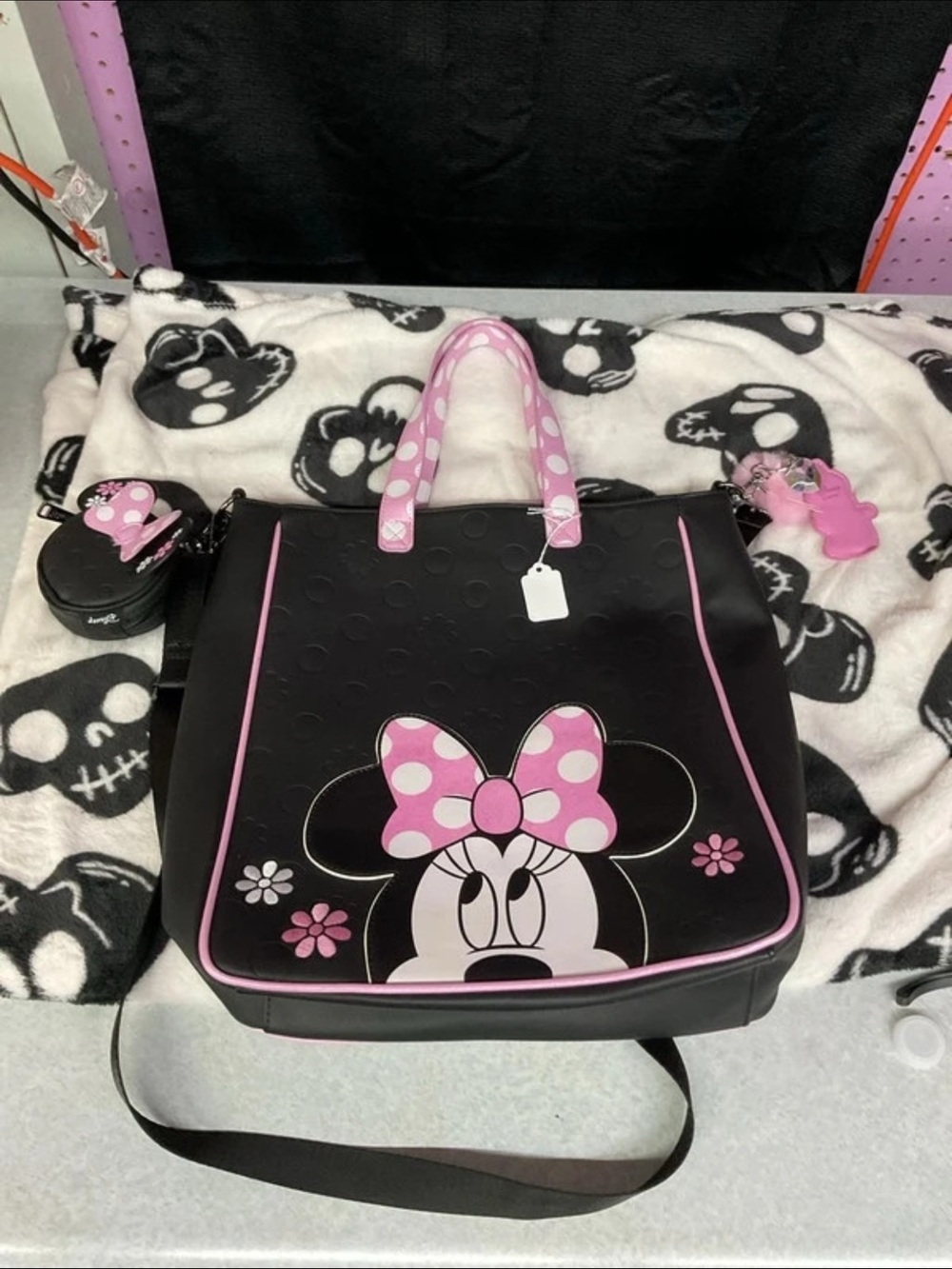 Disney Black Tote Bag with Pink Minnie Mouse Bow Accents